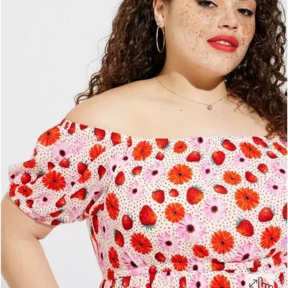 Retro Chic guaze floral strawberry print , puffed sleeve dress 0 L - Picture 3 of 7